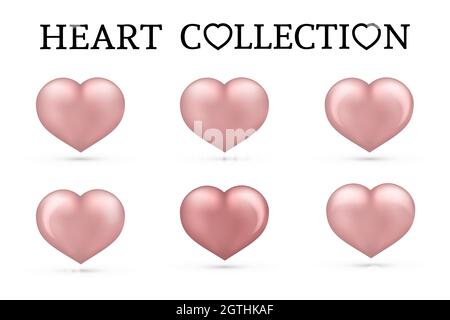 Soft pink heart collections. Set of six realistic hearts isolated on white background. 3d icons. Valentine s day vector illustration. Easy to edit des Stock Vector