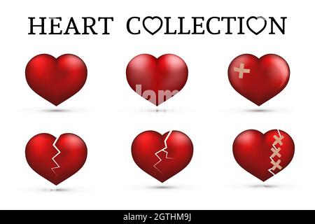 Red heart collections. Set of six realistic hearts isolated on white background. 3d icons. Valentine s day vector illustration. Love story symbol. Eas Stock Vector