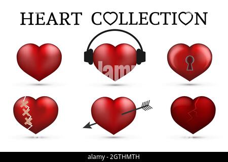 Red heart collections. Set of six realistic hearts isolated on white background. 3d icons. Valentine s day vector illustration. Love story symbol. Eas Stock Vector