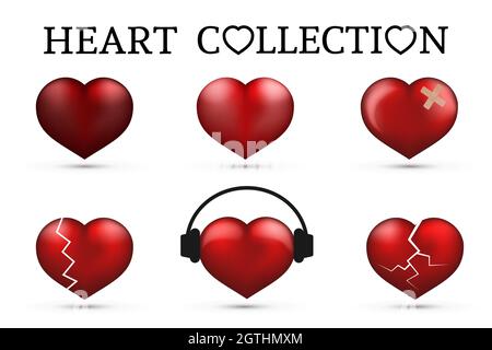 Red heart collections. Set of six realistic hearts isolated on white background. 3d icons. Valentine s day vector illustration. Love story symbol. Eas Stock Vector