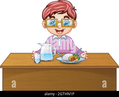 Cartoon happy boy in glasses eating on dining table Stock Vector