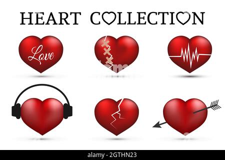 Red heart collections. Set of six realistic hearts isolated on white background. 3d icons. Valentine s day vector illustration. Love story symbol. Eas Stock Vector