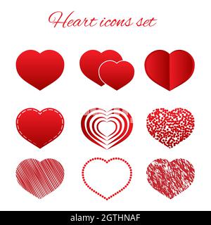Set of nine red hearts flat icon isolated on white background. Valentine s day vector collection. Love story symbol. Health medical theme. Easy to edi Stock Vector