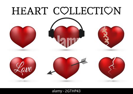 Red heart collections. Set of six realistic hearts isolated on white background. 3d icons. Valentine s day vector illustration. Love story symbol. Eas Stock Vector
