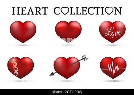 Red heart collections. Set of six realistic hearts isolated on white background. 3d icons. Valentine s day vector illustration. Love story symbol. Eas Stock Vector