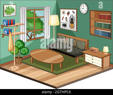 Living room interior with furniture and green wall Stock Vector