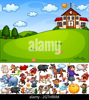 School scene with isolated cartoon character and objects Stock Vector