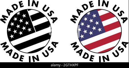 Made in USA sign. Red stripes, white stripes and stars on blue field, clipped to circle with text around. Black & white / color version. Stock Vector