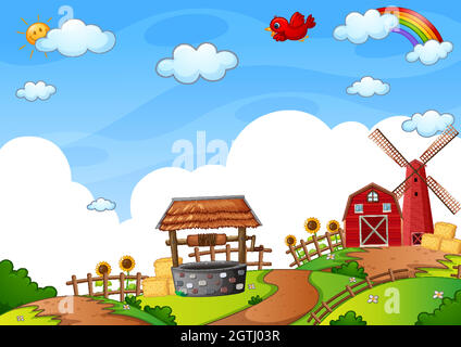 Red barn and windmill in the nature scene Stock Vector