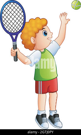 Cute little boy playing tennis on a white background Stock Vector