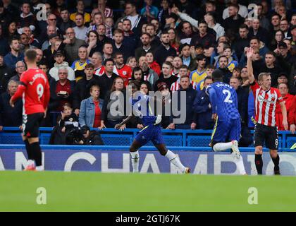 Stamford Bridge, Chelsea, London, UK. 2nd Oct, 2021. Premier League football Chelsea versus Southampton; Trevoh Chalobah of Chelsea celebrates scoring his sides 1st goal in the 9th minute to make it 1-0 Credit: Action Plus Sports/Alamy Live News Stock Photo