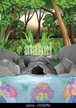 Jungle scene with river and cave illustration Stock Vector Image & Art ...