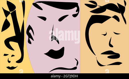 Illustration von abstrakten Gesichtern im asiatischen Stil in gelb und rosa Stock Vector