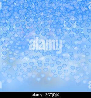 Blue 3d background with realistic hearts in clouds sky. Valentine s day greeting card backdground. Romantic vector illustration. Easy to edit design t Stock Vector