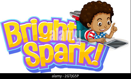 Font design for word bright spark with little boy working on computer Stock Vector