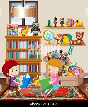 Scene with two kids reding book in the room Stock Vector