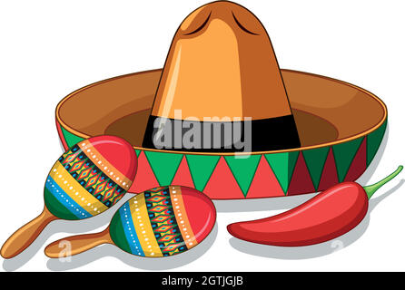 Mexican hat and maracas on white background Stock Vector