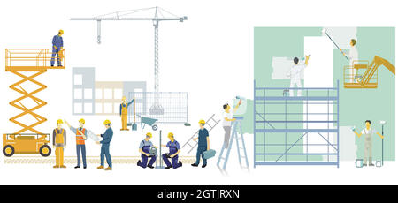 Craftsman and construction worker on the construction site, illustration Stock Vector