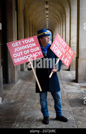 Manchester, UK. 02nd Oct, 2021. Steve Bray arrives outside the Conservative Party Conference. People who oppose the Brexit deal gather in St Peters Square to demand a better deal with Europe. The key demands include returning to a single market and scraping the policing bill. Credit: Andy Barton/Alamy Live News Stock Photo