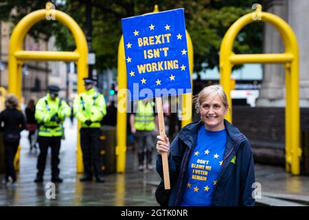 Manchester, UK. 02nd Oct, 2021. A Stop Brexit supporter poses for a portrait outside the Conservative Party Conference. People who oppose the deal gather in St Peters Square to demand a better deal with Europe. The key demands include returning to a single market and scraping the policing bill. Credit: Andy Barton/Alamy Live News Stock Photo