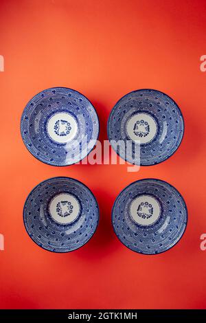 Top view on japanese traditional blue bowls Stock Photo