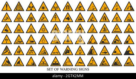 Collection of warning signs. Set of safety signs. Caution signs. Signs of danger and alerts. Iso colors Stock Vector
