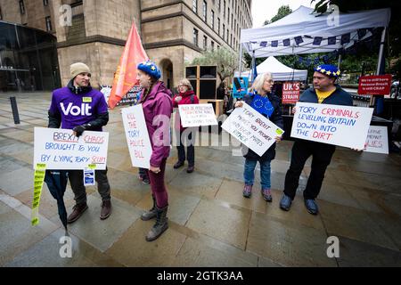 Manchester, UK. 02nd Oct, 2021. Stop Brexit supporters with placards return outside the Conservative Party Conference. People who oppose the deal gather in St Peters Square to demand a better deal with Europe. The key demands include returning to a single market and scraping the policing bill.Andy Barton/Alamy Live News Credit: Andy Barton/Alamy Live News Stock Photo