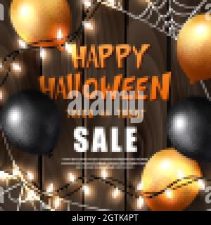 Happy halloween 3D realistic lighting chain balloon and spider web with wooden background Stock Vector