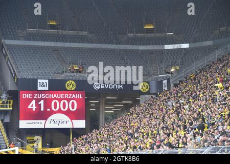 Dortmund, Germany. 02nd Oct, 2021. Football: Bundesliga, Borussia Dortmund - FC Augsburg, Matchday 7, Signal Iduna Park. The number of spectators will be announced at the stadium. IMPORTANT NOTICE: In accordance with the regulations of the DFL Deutsche Fußball Liga and the DFB Deutscher Fußball-Bund, it is prohibited to use or have used photographs taken in the stadium and/or of the match in the form of sequence pictures and/or video-like photo series. Credit: Bernd Thissen/dpa/Alamy Live News Stock Photo