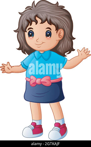 Cute cartoon happy girl wearing blue clothes Stock Vector