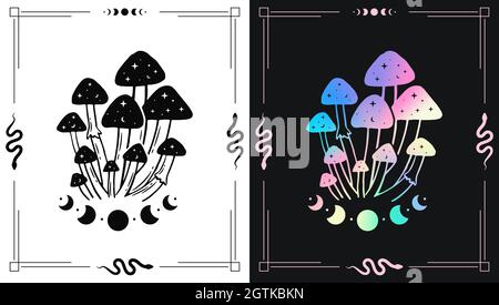 Set of colorful and black and white illustrations with magic mushrooms and moon for esoteric theme designs Stock Vector