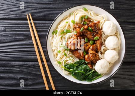 Mie Ayam Pangsit is a delicious Indonesian homemade recipe for noodles, chicken, meatballs bakso closeup in the bowl on the table. Horizontal top view Stock Photo