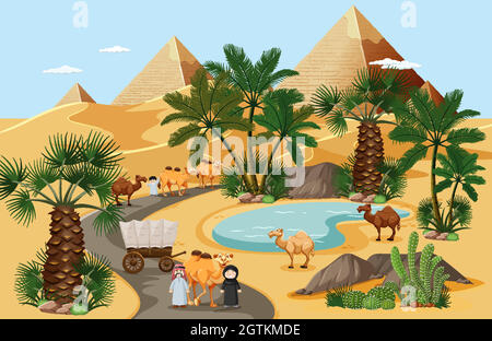 Desert oasis with palms nature landscape scene Stock Vector