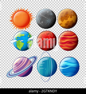 Different planets in solar system on transparent background Stock Vector