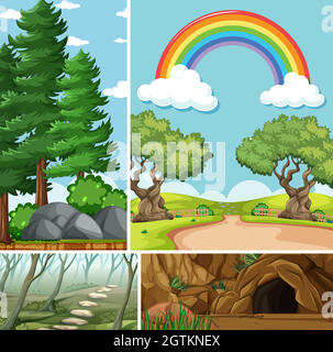 Four different scenes in nature setting cartoon style Stock Vector
