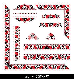 Vector set of folk Ukrainian ornaments: Ukrainian national seamless borders, patterns, corners, signs and template. Traditional black and red Ukrainia Stock Vector