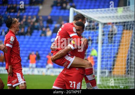 BIRKENHEAD, UK. OCT 2ND Kwesi Appiah of Crawley Town FC scores his side's first goal of the game and celebrates with team mate during the Sky Bet League 2 match between Tranmere Rovers and Crawley Town at Prenton Park, Birkenhead on Saturday 2nd October 2021. (Credit: Ian Charles | MI News) Credit: MI News & Sport /Alamy Live News