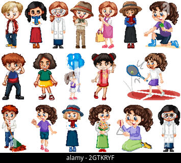 Large set of boys and girls doing different activity on white background Stock Vector