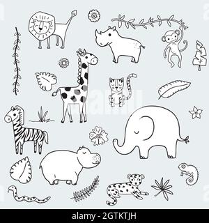 Cute jungle and safari animals. Tropical leaves. Hand drawn wild life and nature. Cartoon zoo characters. Black and white. Stock Vector