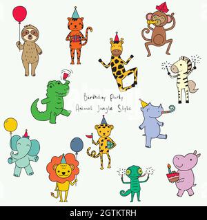 Cute jungle and safari animals. Hand drawn Birthday Characters. Cartoon zoo characters. Balloon, cake and gifts. Colored Doodles Stock Vector