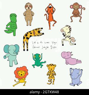 Cute jungle and safari animals. Hand drawn exercising characters. Zoo cartoon. Yoga positions. Colored Doodles Stock Vector