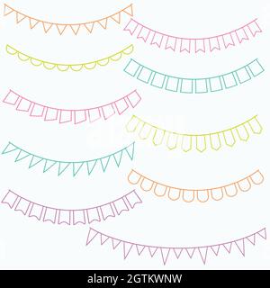 Colorful Bunting Banners. Hand Drawn Triangular Garland. Colored Outline. Stock Vector
