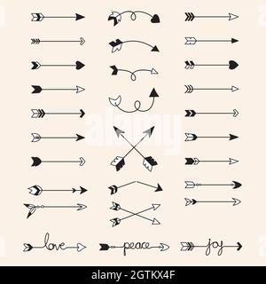 Hand Drawn Arrows. Tribal, Curly, Crossed, Darts, Boho, Symbol. Black and white. Stock Vector