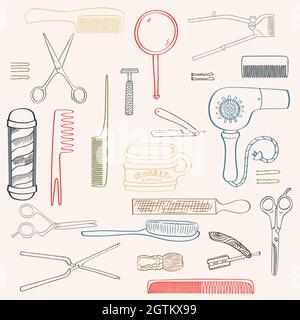 Barber Shop. Vintage Beauty salon. Hairdresser Tools. Scissors, comb, brush, razor, pole. Colored Outline. Stock Vector