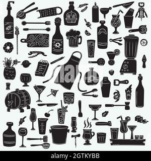 Bartender Doodles. Hand Drawn Bar tending tools. Glasses & Bottles. Black Cutout Silhouette Stock Vector