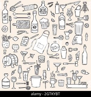 Bartender Doodles. Hand Drawn Bar tending tools. Glasses & Bottles. Black and White. Stock Vector