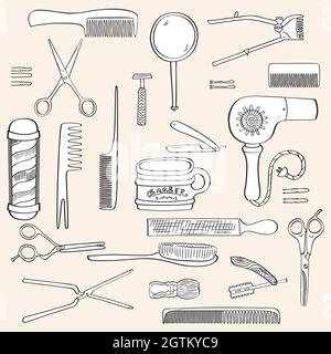 Barber Shop. Vintage Beauty salon. Hairdresser Tools. Scissors, comb, brush, razor, pole. Black and White. Stock Vector