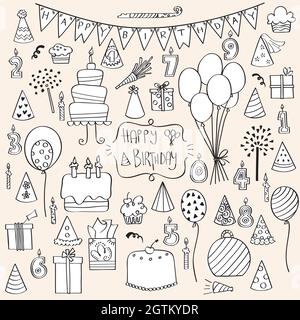 Birthday Party. Hand drawn Cakes, Candles, Balloons, Banner. Black and White. Stock Vector