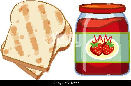 Toast and strawberry jam on white background Stock Vector