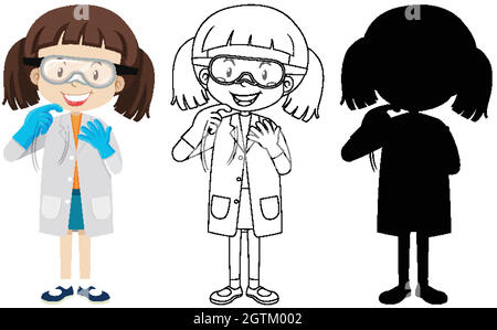 Cute chemist girl with its silhouette and outline Stock Vector